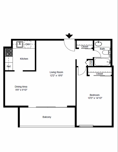 Floor plan for 1 bed, 1 bath, 691 sqft